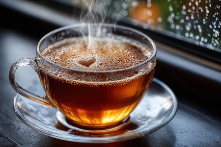 A glass teacup with a heartshaped foam design sits on a saucer by a rainy windowの写真素材