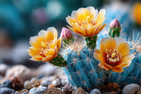 A blue cactus with delicate orange flowers blooms among small rocksの写真素材