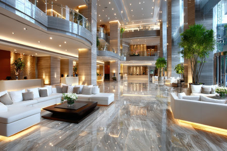 A spacious, modern hotel lobby with elegant white furniture and marble floorsの写真素材