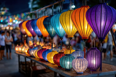 Colorful paper lanterns illuminate a night market stallの写真素材