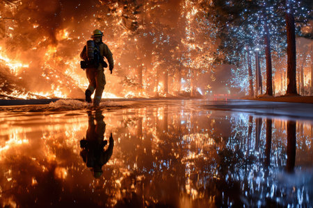 Firefighter walks through water near burning trees at nightの写真素材