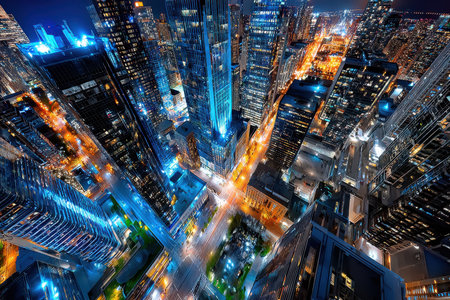 An aerial view of a city at night with illuminated skyscrapers and busy streetsの写真素材