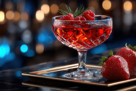 A crystal glass with a red cocktail, berries, and a sprig of rosemary sits on a trayの写真素材