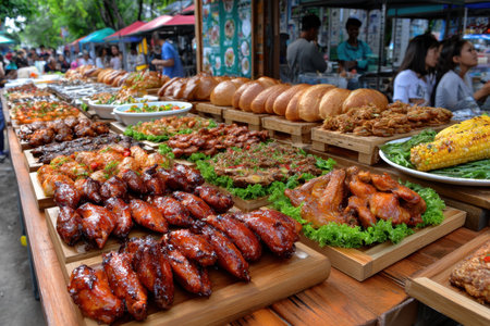 A wooden table displays a variety of grilled meats, bread, and corn on the cobの写真素材