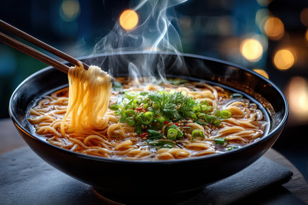 A steaming bowl of ramen on a restaurant table, under bright, cold light, shot with a 50mm lens, with a surprise element of a golden chopstick among the regular onesの写真素材