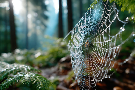 Closeup of a dewcovered spiderweb in a sunlit forestの写真素材