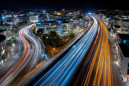 Light trails from cars on a busy highway at night in a cityの写真素材
