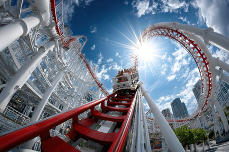 People ride a rollercoaster on a sunny day at an amusement parkの写真素材