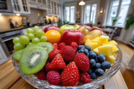 A glass bowl filled with a variety of fresh, colorful fruit sits on a wooden table in a kitchenの写真素材