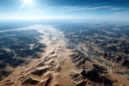 A vast desert landscape with mountains, sand dunes, and a winding riverの写真素材