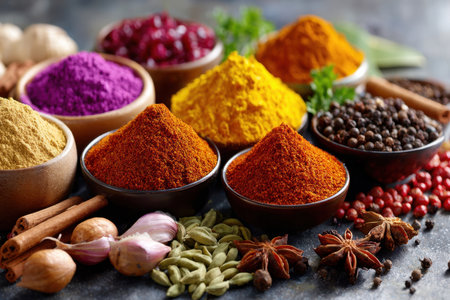 Various colorful spices and herbs presented in bowls on a dark surfaceの写真素材