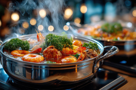 A steaming hot pot with shrimp, meatballs, and vegetables simmers on a stoveの写真素材