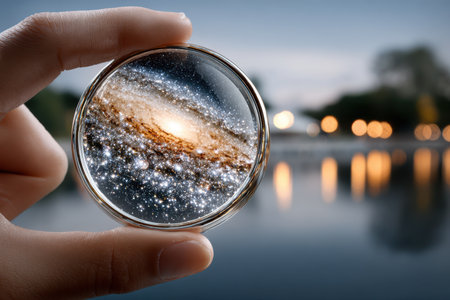 A hand holds a crystal lens reflecting a vibrant galaxy with stars, set against a tranquil water background.の写真素材