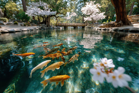 Koi fish swim in a pond beneath cherry blossoms in a tranquil Japanese gardenの写真素材