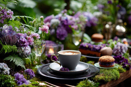 A beautiful coffee cup rests on a plate amidst an array of purple flowers and greenery, creating a serene atmosphere.の写真素材