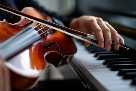 Hands skillfully play the piano while the other hand holds a violin, creating beautiful melodies indoors.の写真素材