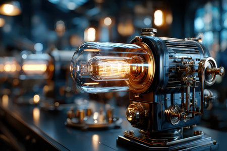 Detailed vintage machinery featuring a glowing filament, showcasing steampunk design in a dimly lit workshop.の写真素材