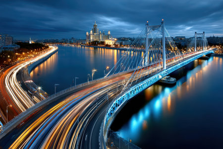 A cable-stayed bridge over a river with light trails at dusk in a cityの写真素材