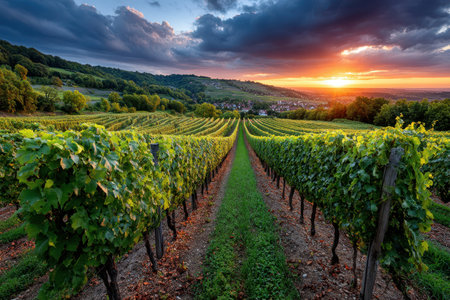 Vineyards stretch into the distance at sunset, a small village nestled between rolling hillsの写真素材