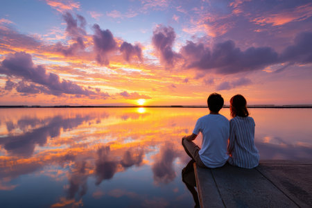 A couple sits on a pier, watching the sunset reflect on the calm water while colorful clouds fill the sky.の写真素材