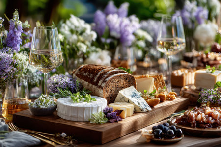 Delicious assortment of cheeses, meats, and fruits displayed elegantly with flowers and wine in a garden.の写真素材