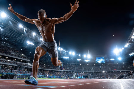A muscular male athlete sprints across the finish line of a track raceの写真素材