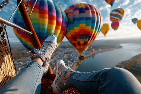Breathtaking views from a hot air balloon showcasing vibrant colors and a beautiful river landscape below.の写真素材