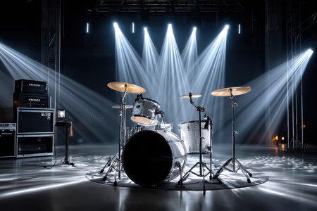 A drum set sits on a stage under bright spotlightsの写真素材