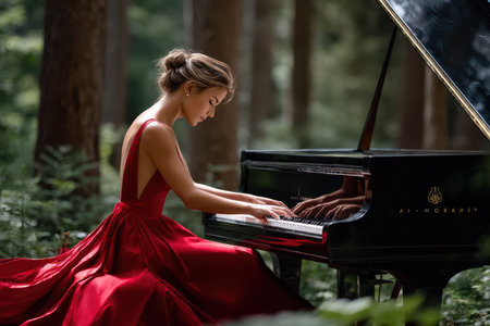 A talented woman in a striking red gown performs on a grand piano surrounded by serene forest greenery.の写真素材
