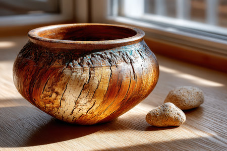 A rustic wooden bowl sits on a table near a sunlit window with two small stonesの写真素材
