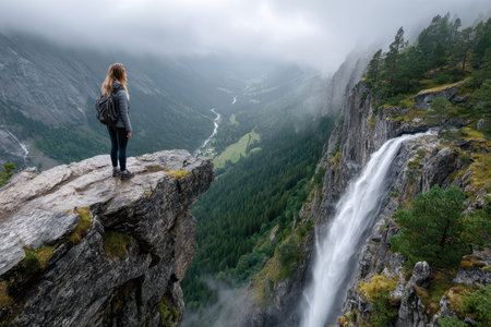 Adventurer stands on rocky ledge, gazing at a powerful waterfall cascading into a lush green valley below.の写真素材