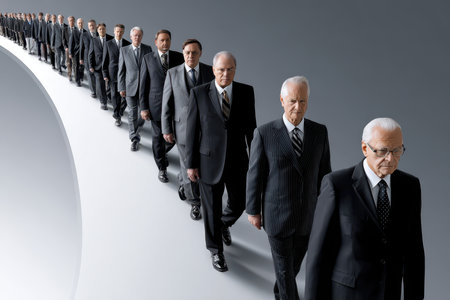 Professionals in suits walk in line against a sleek, minimalist backdrop, hinting at a corporate event.の写真素材