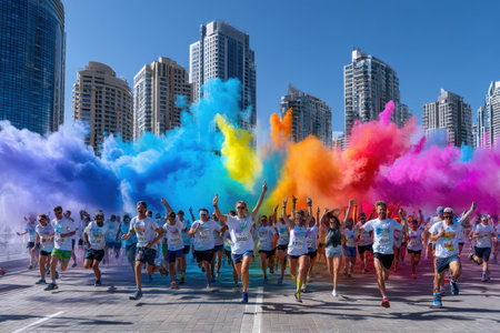 Runners joyfully sprint through a cloud of colorful powder in an urban street during a festive event.の写真素材