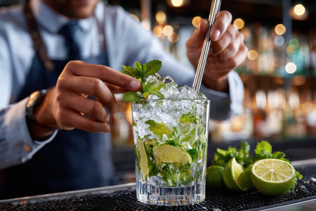 Bartender prepares a refreshing cocktail with mint and lime, showing skill and attention to detail in a busy bar.の写真素材