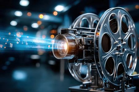 A vintage film projector shines beams of light in a dimly lit theater, creating an engaging atmosphere.の写真素材