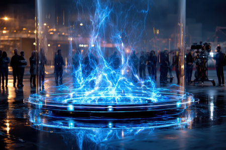 Visitors gather around a futuristic electric vortex exhibit, showcasing dynamic light and energy in a city setting.の写真素材
