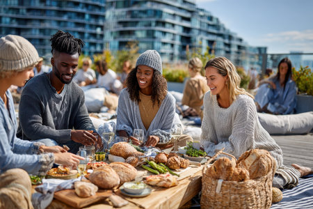 Friends gather on a rooftop, sharing food and laughter while enjoying a beautiful day outdoors together.の写真素材