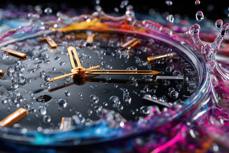 A close-up view shows a sleek black watch surrounded by splashes of water and vibrant colors at night.の写真素材