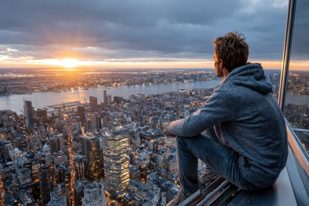 A person sits on the ledge, overlooking the sprawling city as the sun sets, casting warm hues across the skyline.の写真素材