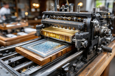 A vintage printing press operates in a workshop, showing intricate printing process and craftsmanship.の写真素材