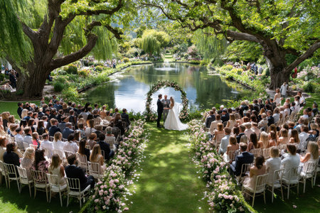 Guests gather around a couple exchanging vows in a picturesque garden setting by the lake.の写真素材