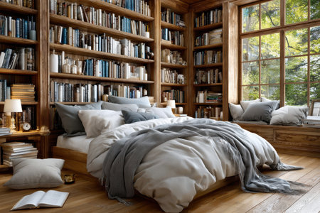 A serene bedroom features a large bed and extensive wooden bookshelves filled with books, illuminated by sunlight.の写真素材