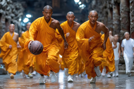 A group of monks in orange robes runs energetically, practicing basketball in a historic temple setting.の写真素材
