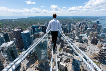 A person dressed in formal attire balances on a thin cable high above a bustling city, showcasing the skyline.の写真素材