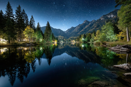 A serene lake reflects the starry night sky and a forested mountainsideの写真素材