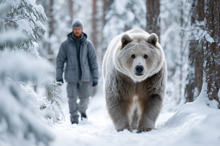 A bear approaches a person walking in a snowy forest, creating a unique wildlife moment in winter.の写真素材
