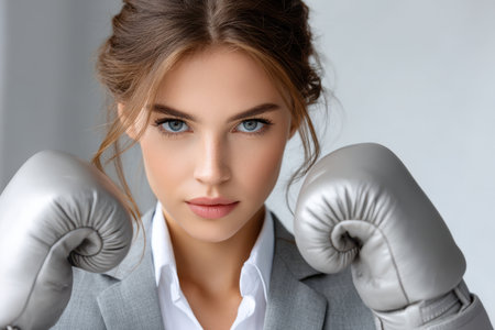 A determined woman with striking features wears boxing gloves, exuding confidence in a business environment.の写真素材