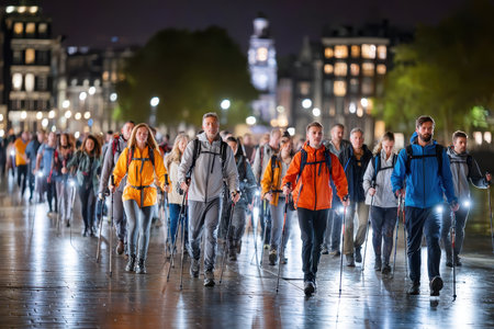 A large group of people wearing outdoor gear walks together at night, illuminating the path with lights.の写真素材
