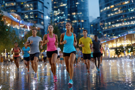 Groups of joggers participate in an evening run through a lively urban area with colorful lights.の写真素材