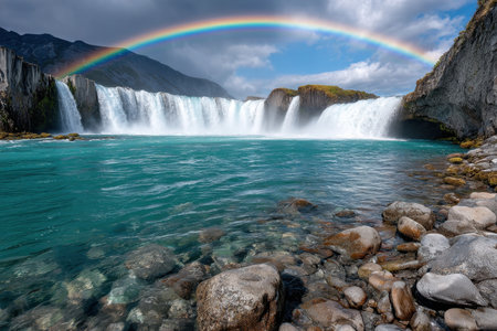 A stunning waterfall cascades into a turquoise river beneath a vibrant rainbowの写真素材